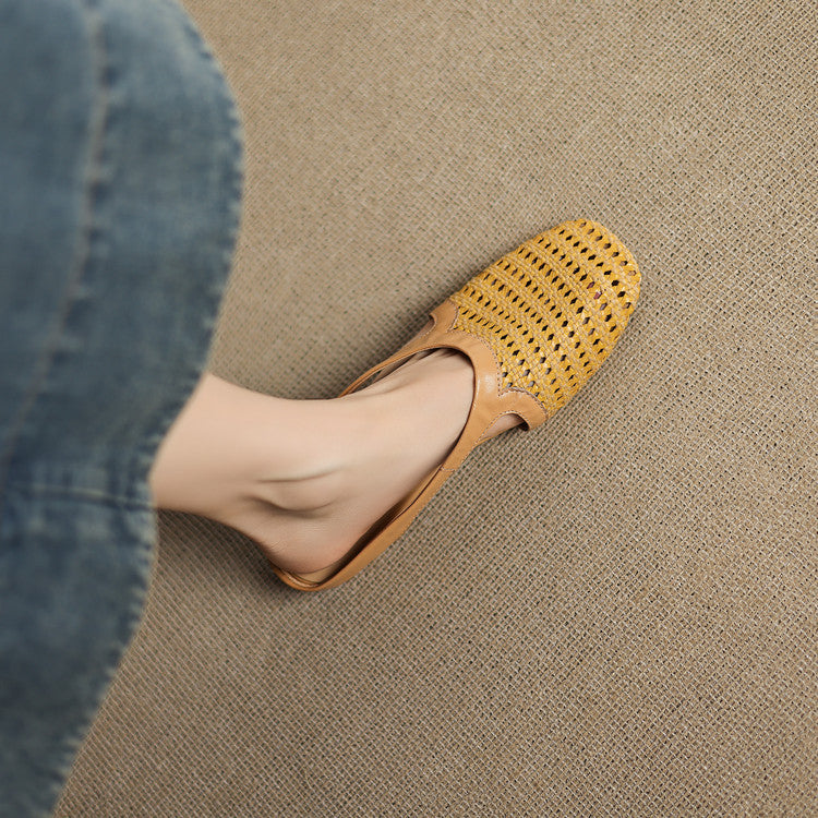 Yellow Hollow Out Splicing Fashion Faux Leather Slide Sandals