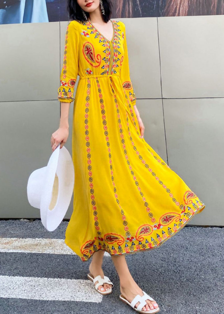 Yellow Lace Up Cotton Long Dresses V Neck Bracelet Sleeve