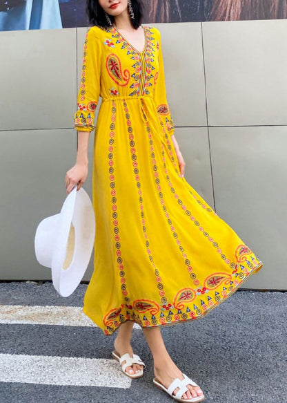 Yellow Lace Up Cotton Long Dresses V Neck Bracelet Sleeve