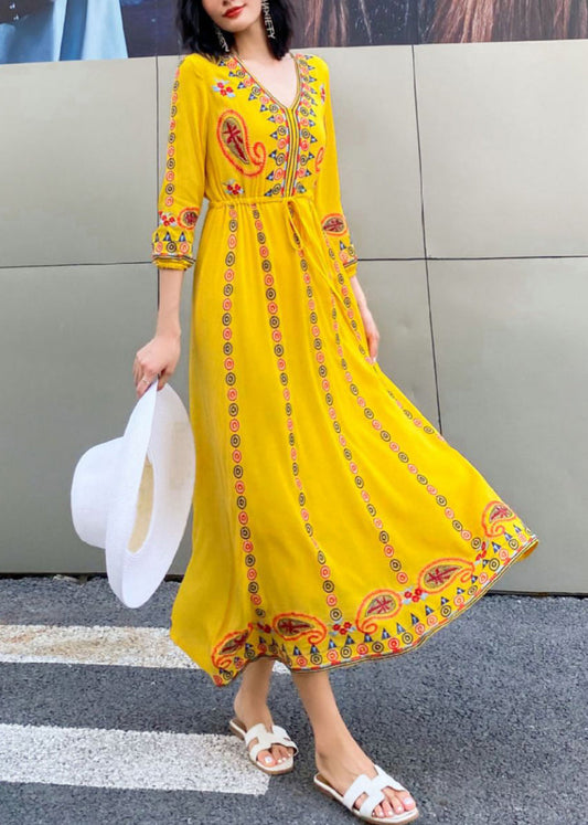 Yellow Lace Up Cotton Long Dresses V Neck Bracelet Sleeve