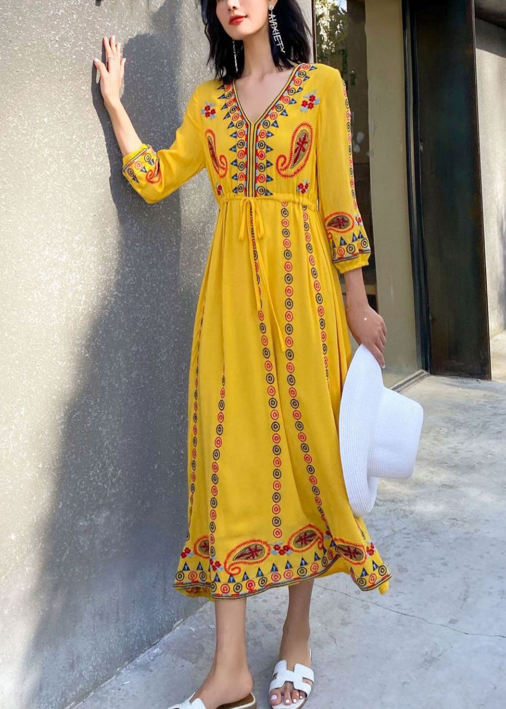 Yellow Lace Up Cotton Long Dresses V Neck Bracelet Sleeve