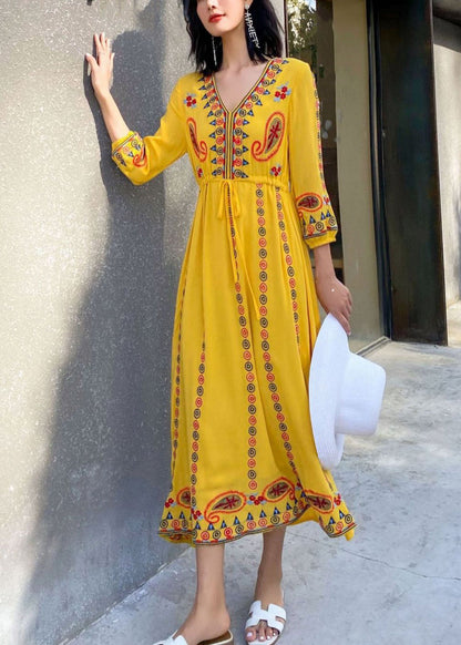 Yellow Lace Up Cotton Long Dresses V Neck Bracelet Sleeve