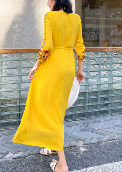 Yellow Lace Up Cotton Long Dresses V Neck Bracelet Sleeve