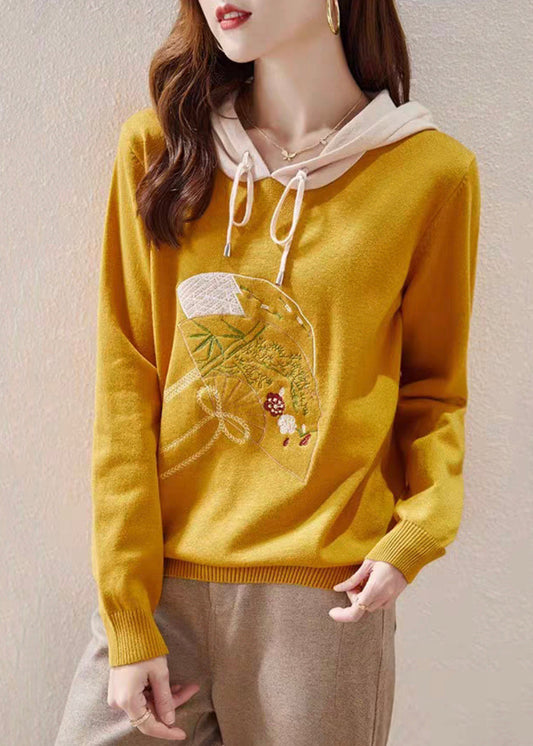 Yellow Lace Up Patchwork Knit Embroideried Long Sleeve