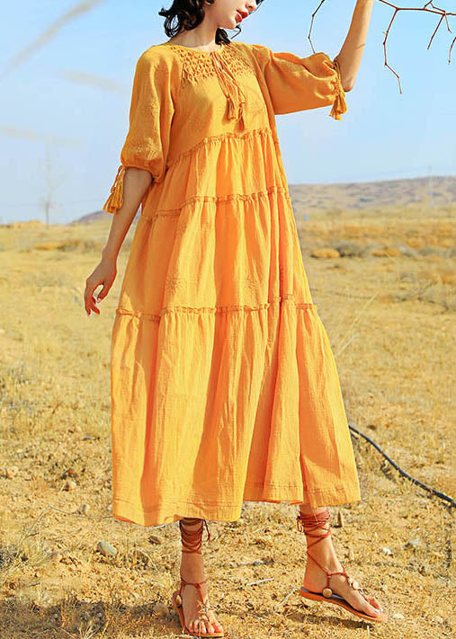 Yellow Lace Up Solid Cotton Summer Long Dress Ruffled