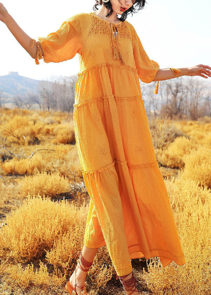 Yellow Lace Up Solid Cotton Summer Long Dress Ruffled