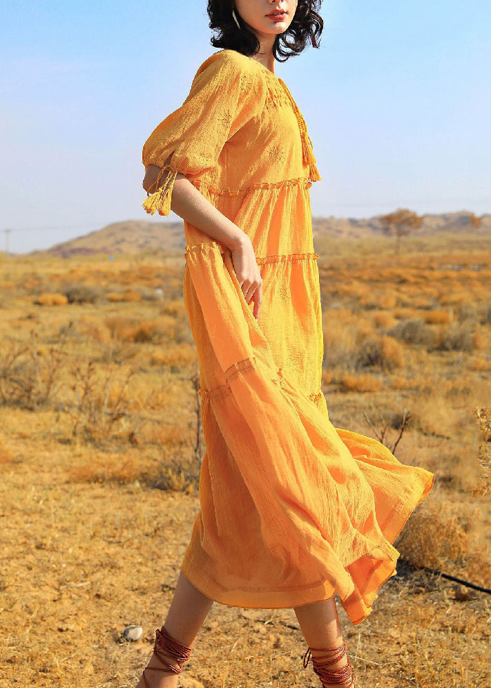 Yellow Lace Up Solid Cotton Summer Long Dress Ruffled