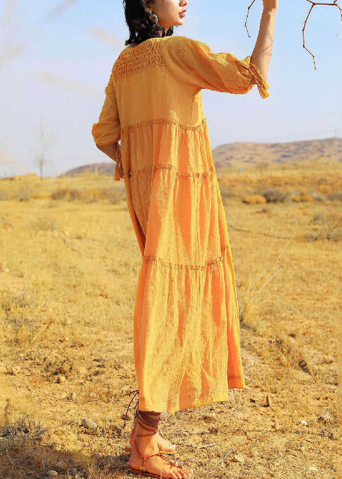 Yellow Lace Up Solid Cotton Summer Long Dress Ruffled