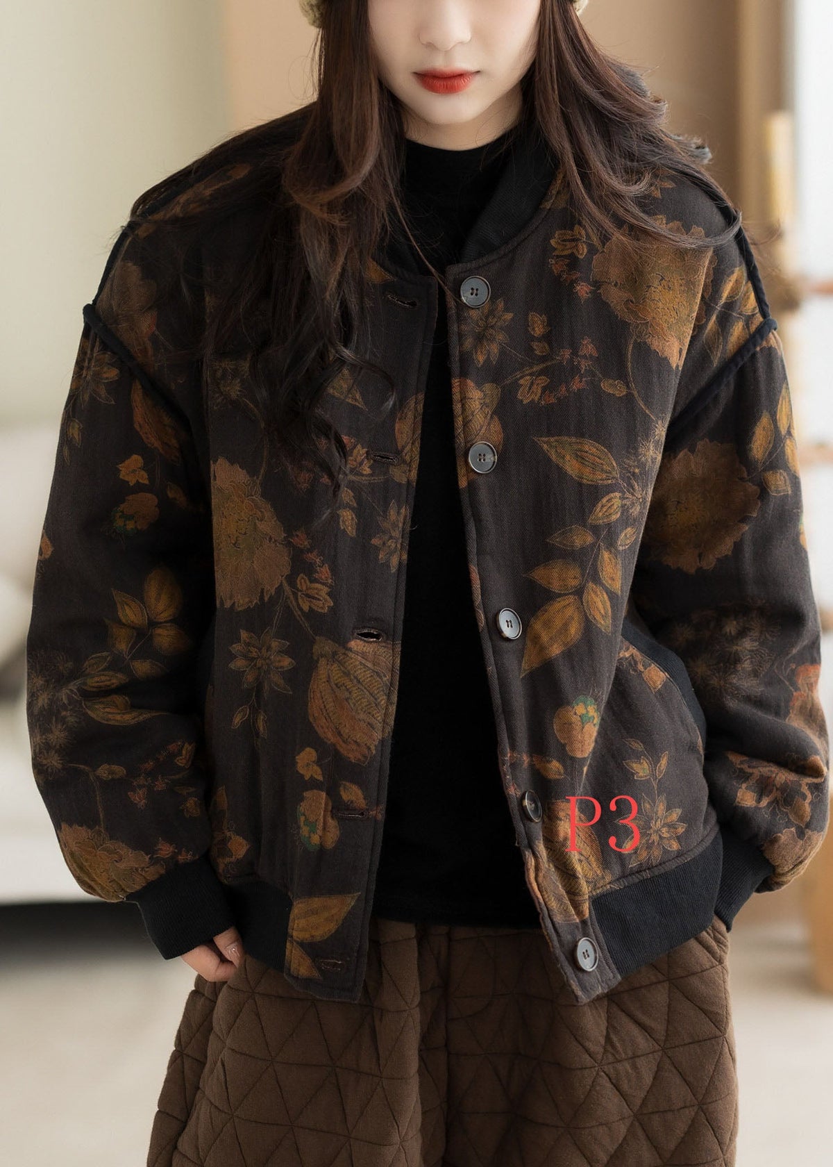 Yellow Leaf Print Fine Cotton Filled Jacket Oversized Winter