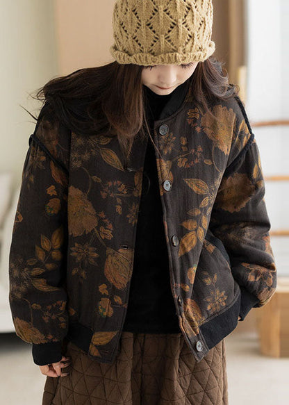 Yellow Leaf Print Fine Cotton Filled Jacket Oversized Winter