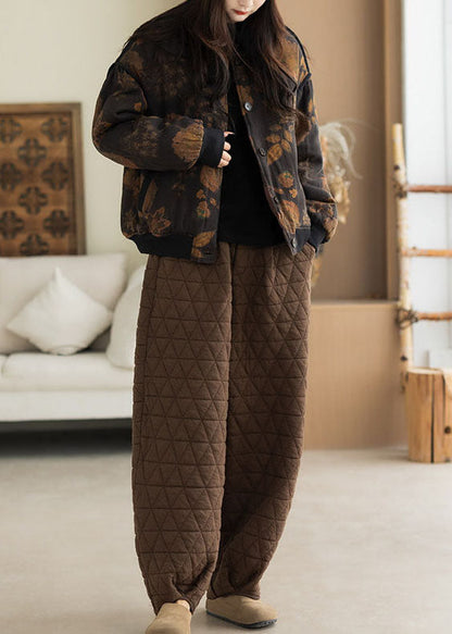 Yellow Leaf Print Fine Cotton Filled Jacket Oversized Winter