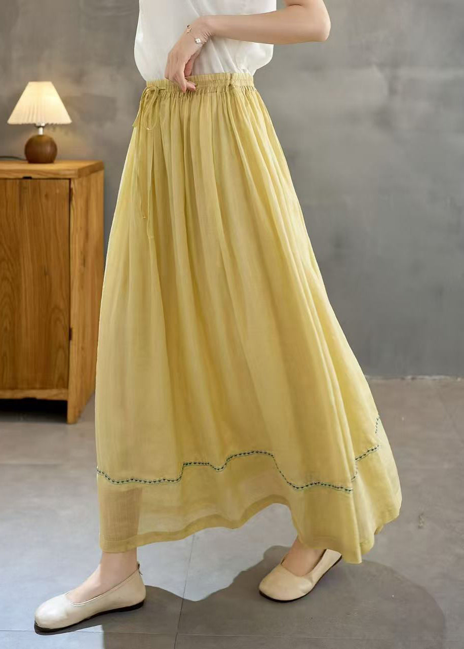 Yellow Linen Holiday Skirt Embroidered Exra Large Hem Summer