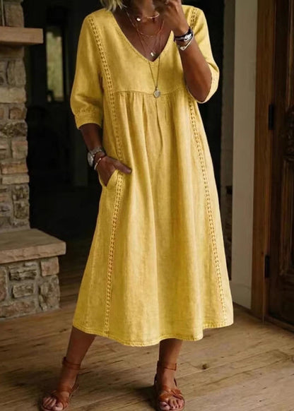 Yellow Long Dresses V Neck Patchwork Lace Bracelet Sleeve