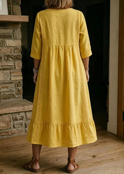 Yellow Long Dresses V Neck Patchwork Lace Bracelet Sleeve