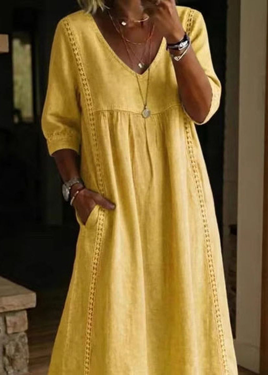 Yellow Long Dresses V Neck Patchwork Lace Bracelet Sleeve