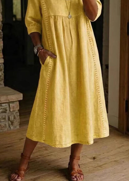 Yellow Long Dresses V Neck Patchwork Lace Bracelet Sleeve