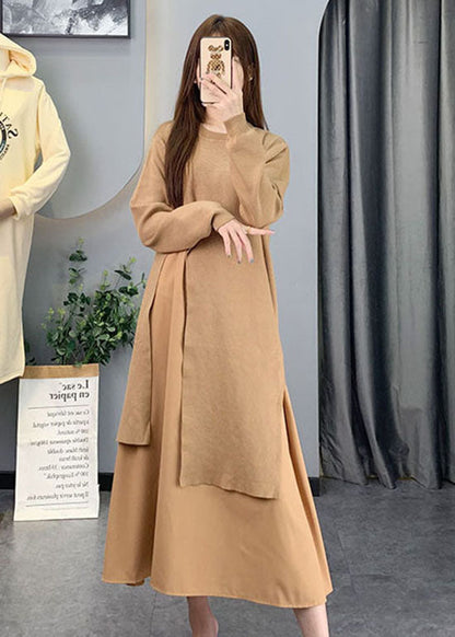 Yellow O-Neck Chiffon Patchwork Knit Dresses Spring