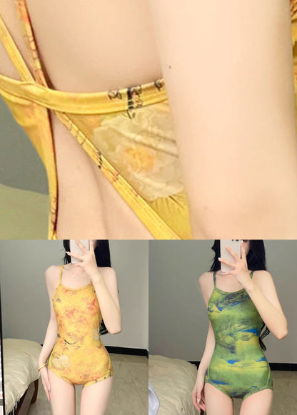 Yellow O-Neck Patchwork Backless Bodysuit Swimwear