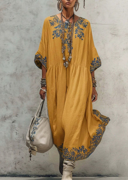 Yellow O-Neck Patchwork Maxi Dress Summer