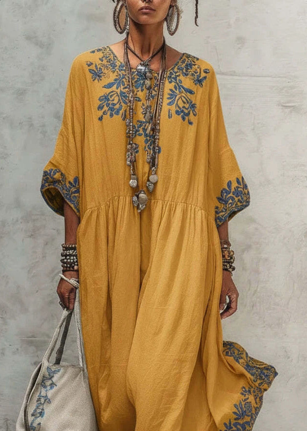 Yellow O-Neck Patchwork Maxi Dress Summer