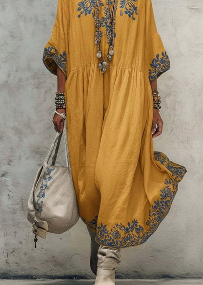 Yellow O-Neck Patchwork Maxi Dress Summer
