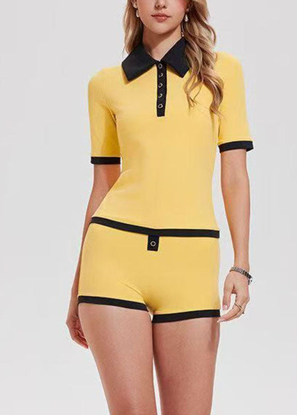 Yellow Patchwork Button Tennis Sportswear Two-Piece Set Summer
