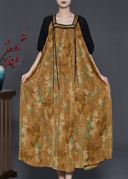 Yellow Patchwork Chiffon Robe Dresses Square Collar Summer