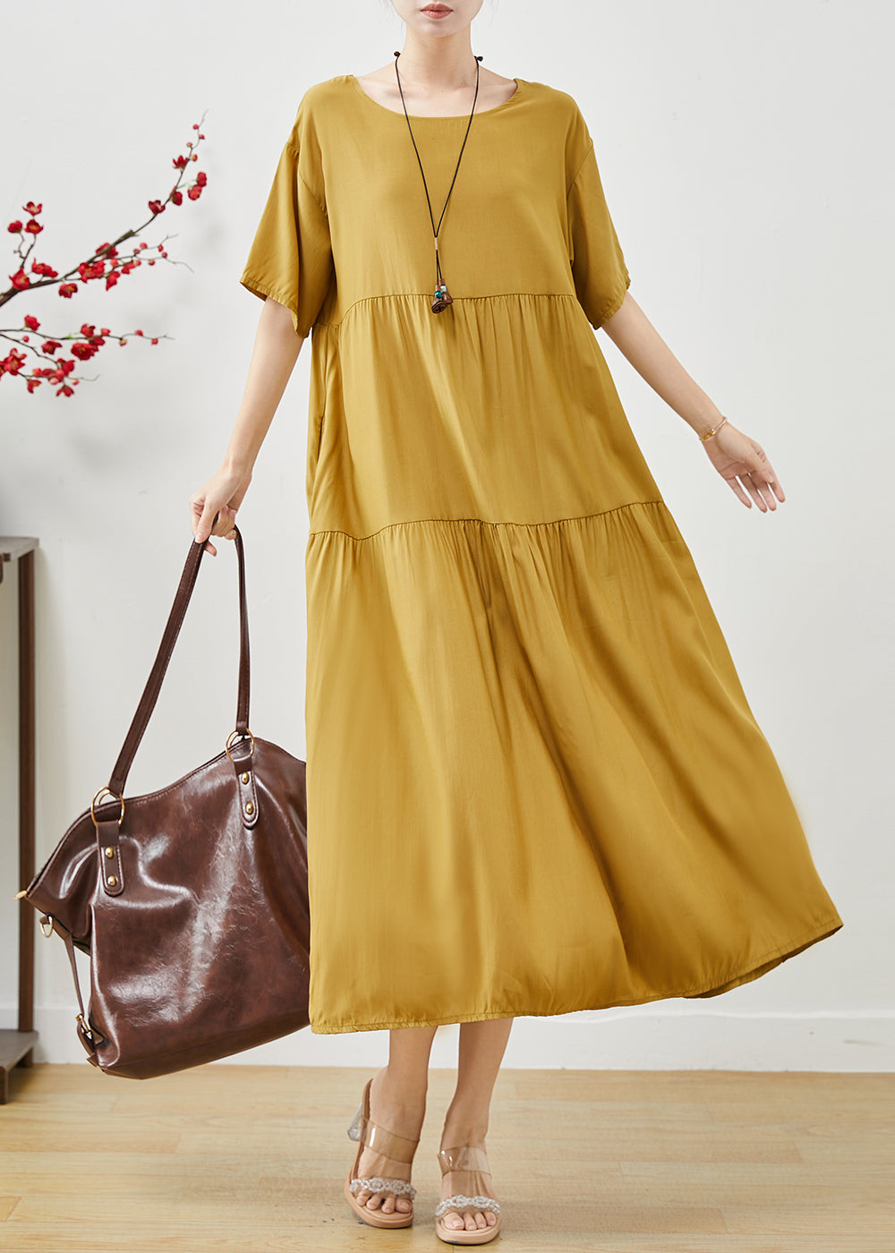 Yellow Patchwork Cotton Maxi Dresses Oversized Summer