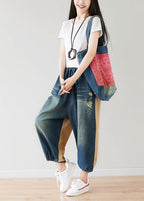 Yellow Patchwork Cotton Pants Ripped Elastic Waist Spring