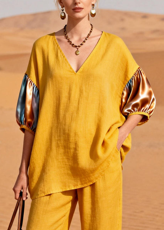 Yellow Patchwork Linen Silk Two Pieces Set Oversized Half Sleeve