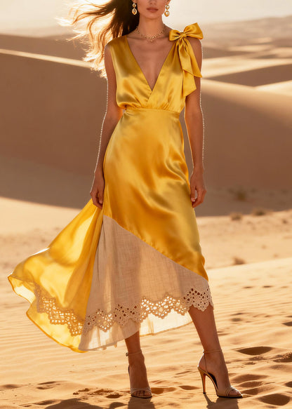Yellow Patchwork Silk Robe Dresses V Neck Hollow Out Summer