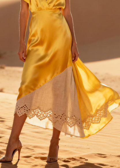 Yellow Patchwork Silk Robe Dresses V Neck Hollow Out Summer