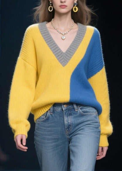 Yellow Patchwork Sweater Tops Asymmetrical Design Winter