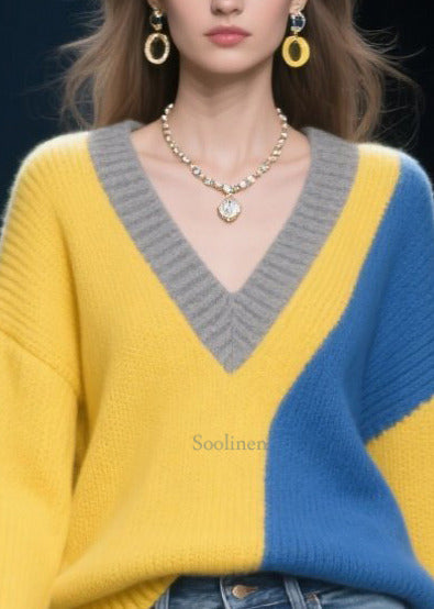Yellow Patchwork Sweater Tops Asymmetrical Design Winter