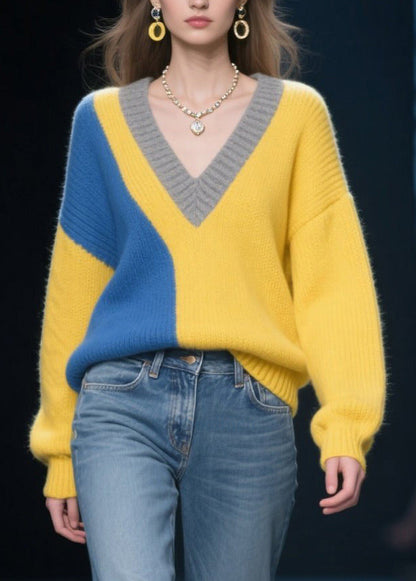 Yellow Patchwork Sweater Tops Asymmetrical Design Winter
