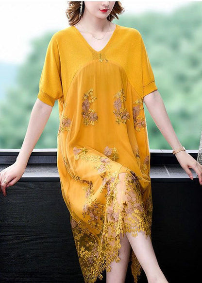 Yellow Patchwork Tulle Dresses Embroideried V Neck Summer
