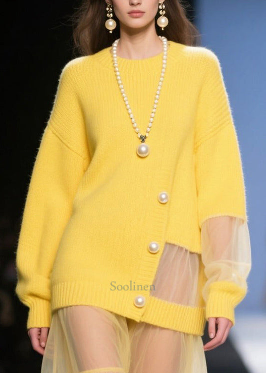 Yellow Patchwork Tulle Knit Dress Hollow Out Pearl Fall