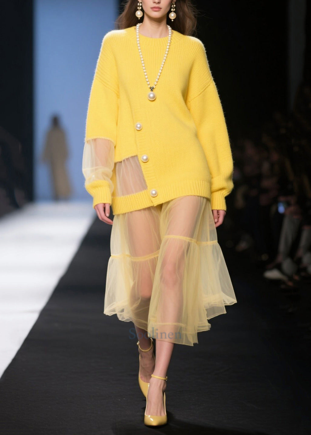 Yellow Patchwork Tulle Knit Dress Hollow Out Pearl Fall