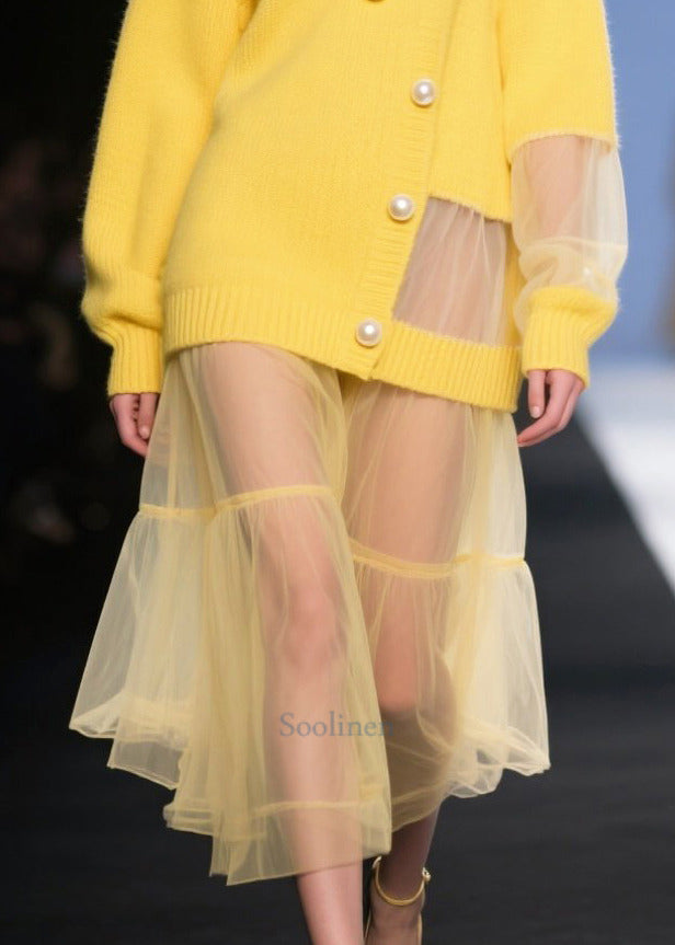 Yellow Patchwork Tulle Knit Dress Hollow Out Pearl Fall