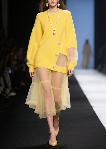 Yellow Patchwork Tulle Knit Dress Hollow Out Pearl Fall