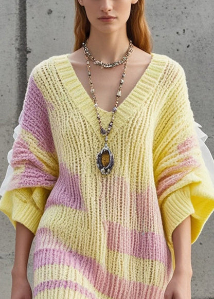 Yellow Patchwork Tulle Knit Dress V Neck Fall