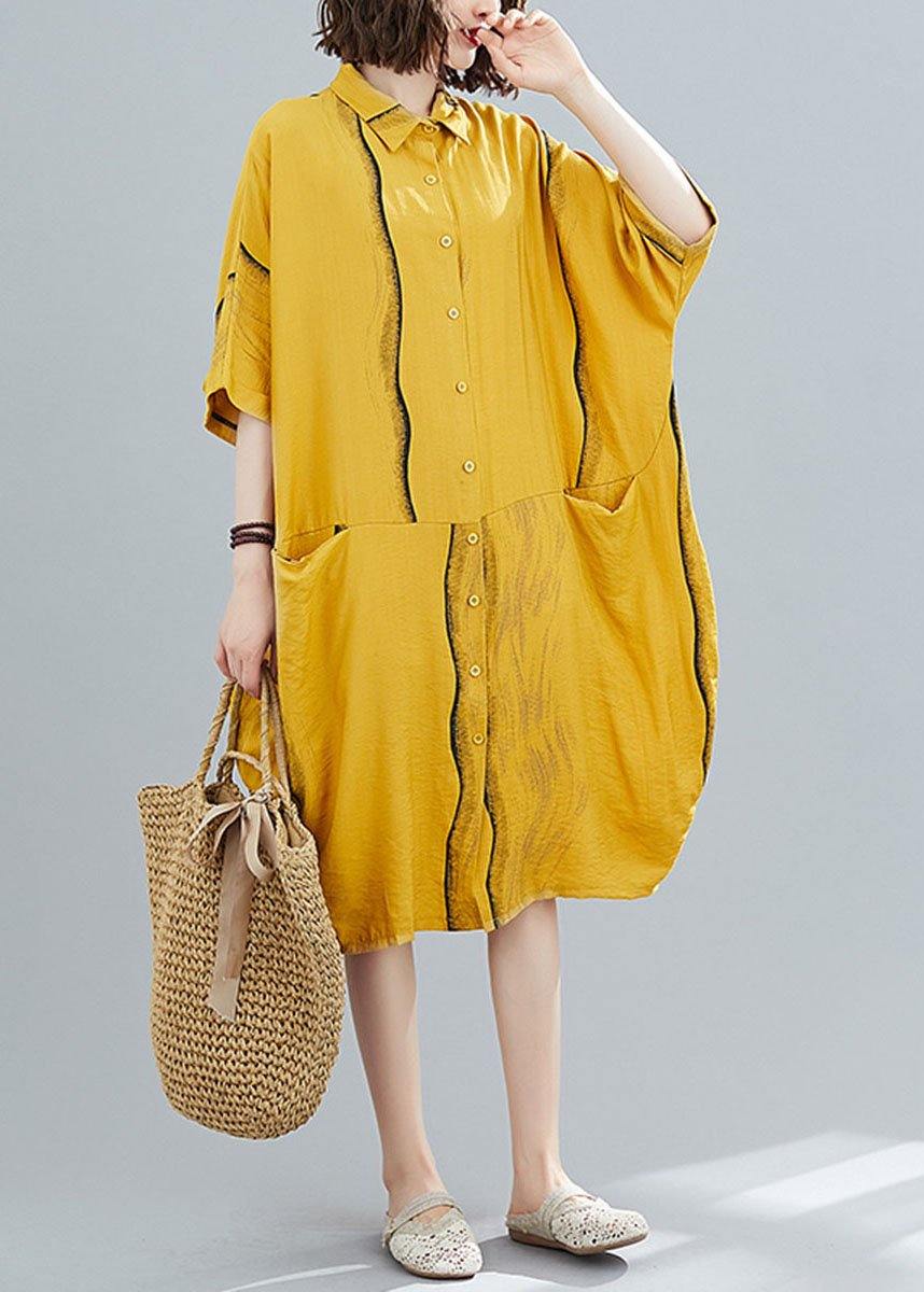 Yellow Peter Pan Collar Button Summer Party Dresses Half Sleeve - SooLinen