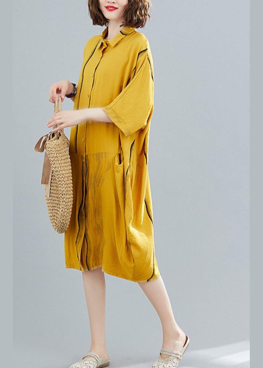 Yellow Peter Pan Collar Button Summer Party Dresses Half Sleeve - SooLinen