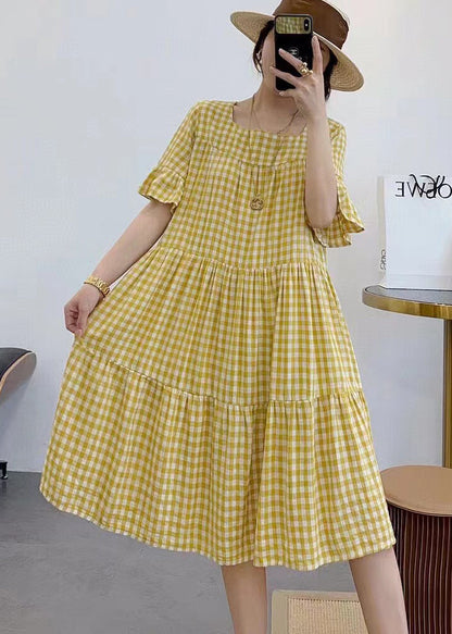 Yellow Plaid Cotton Dresses Oversized Butterfly Sleeve