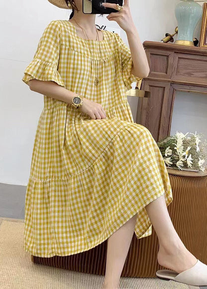 Yellow Plaid Cotton Dresses Oversized Butterfly Sleeve