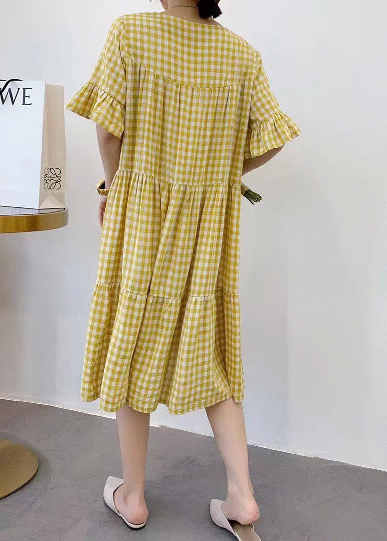 Yellow Plaid Cotton Dresses Oversized Butterfly Sleeve
