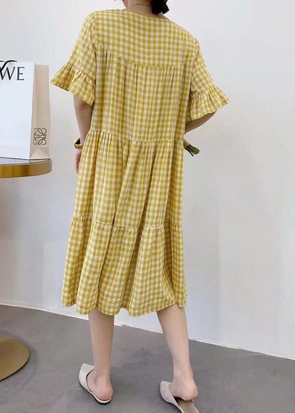 Yellow Plaid Cotton Dresses Oversized Butterfly Sleeve