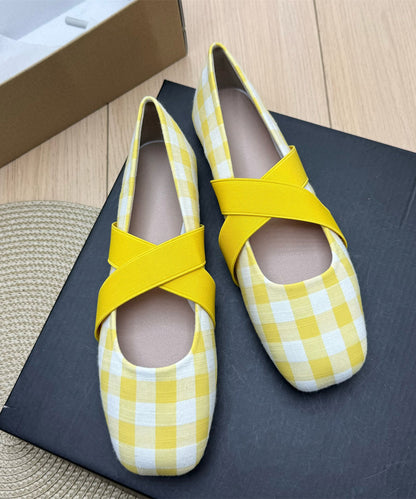 Yellow Plaid Cotton Fabric Women Splicing Flat Shoes