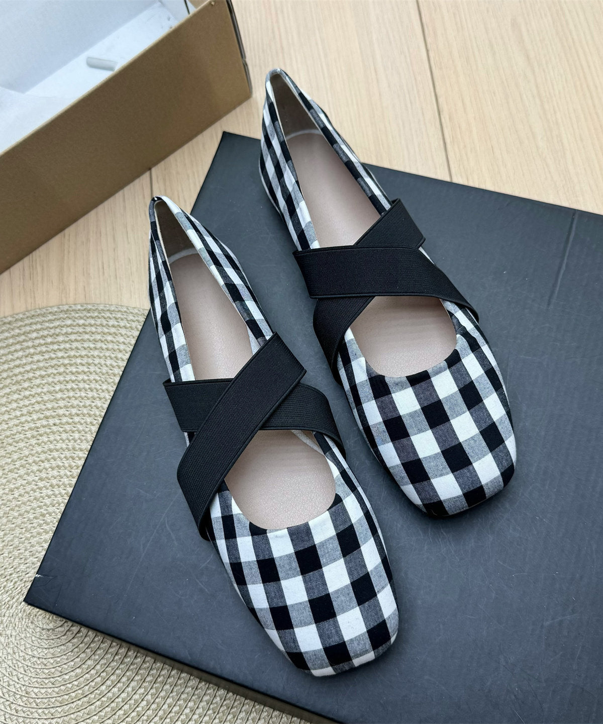 Yellow Plaid Cotton Fabric Women Splicing Flat Shoes