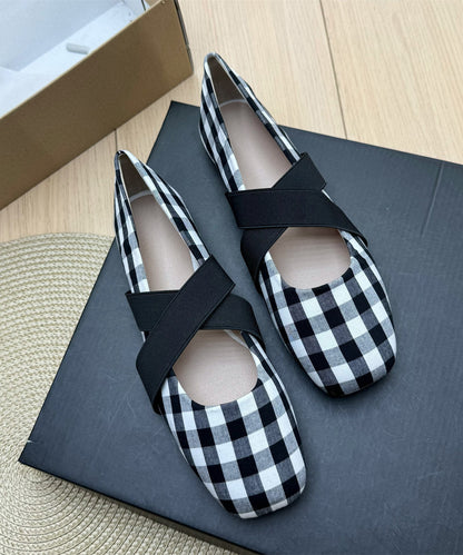 Yellow Plaid Cotton Fabric Women Splicing Flat Shoes
